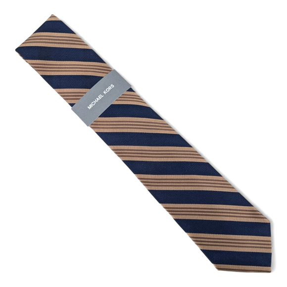 Michael Kors Men's Astrid Stripe Tie Necktie Classic 3" Silk Blend Navy Brown - Picture 1 of 5